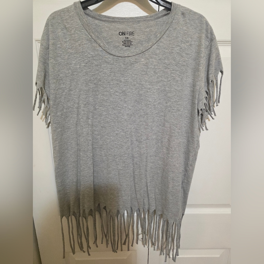 On Fire Light Gray Fringe Short Sleeve Top